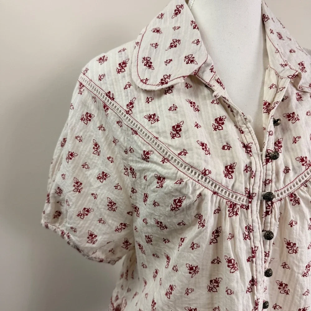 Anthropologie Floral Block Print Boho Blouse Red Cream Lace Trim Puff Sleeve M
